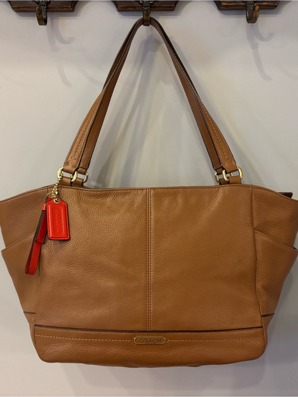 Coach Tan Leather Tote with Red Accent Tag